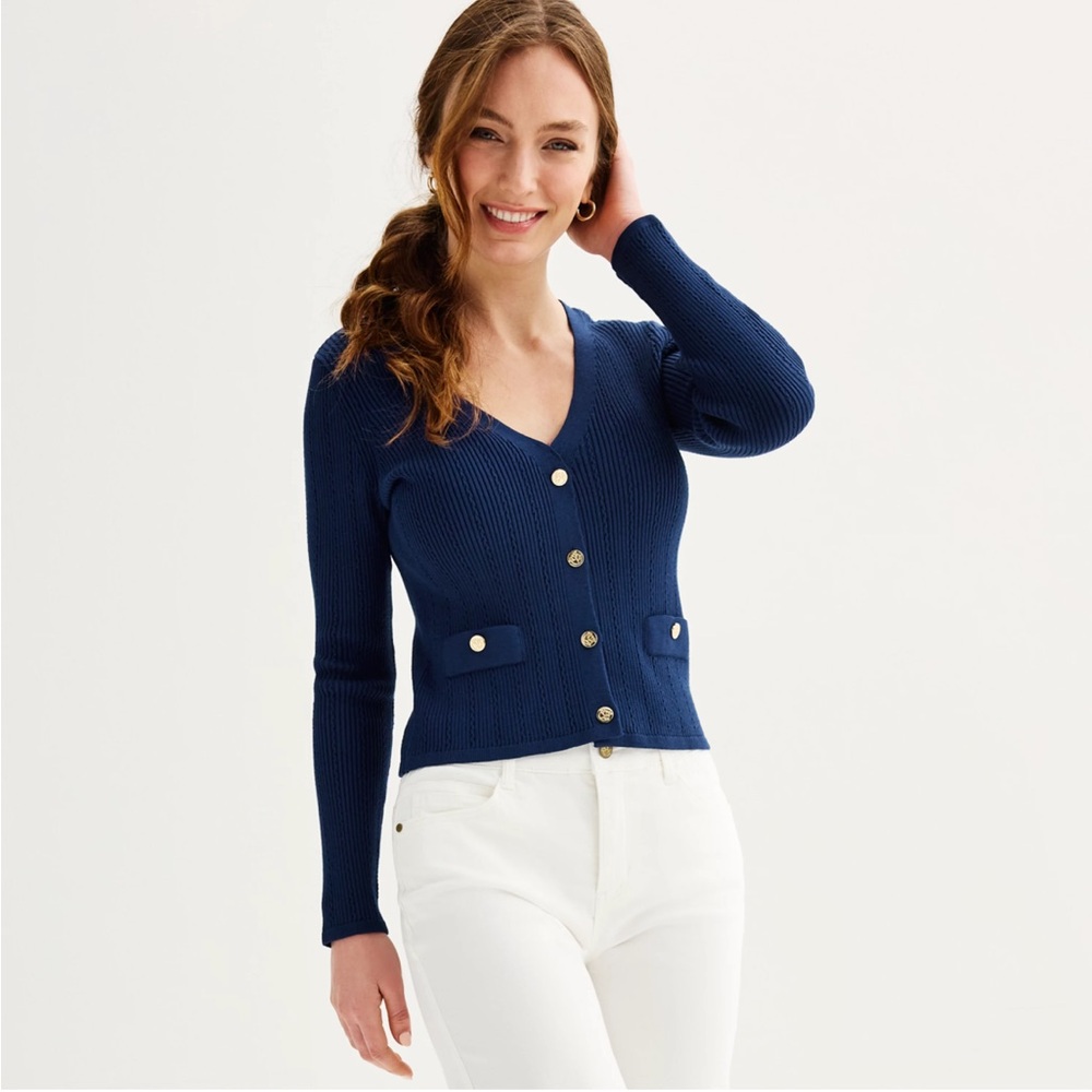 Women's Draper James Ribbed Long Sleeve V-Neck Button Down Cardigan